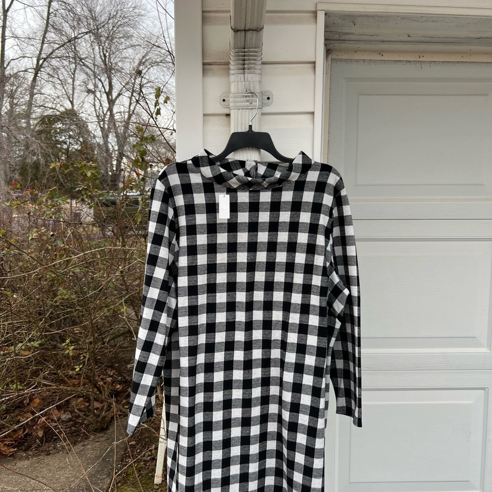 NWT Talbots Pretty Black White Check High Neck Button Back Long Sleeve Dress - Picture 2 of 6